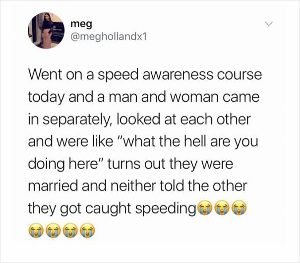 Social media post about a humorous incident at a speed course with a married couple realizing they were both caught speeding.