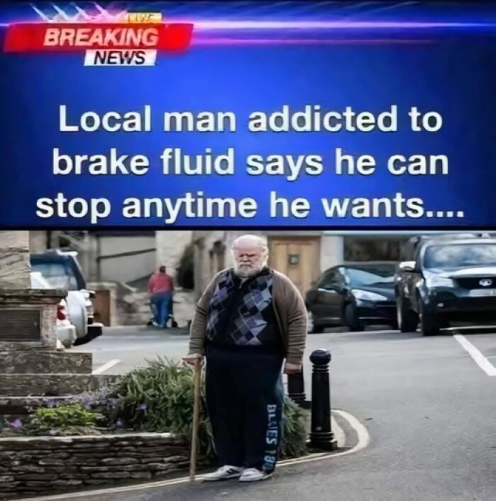 Man stands in the street under humorous news headline about brake fluid a*******n, illustrating a literal meme.