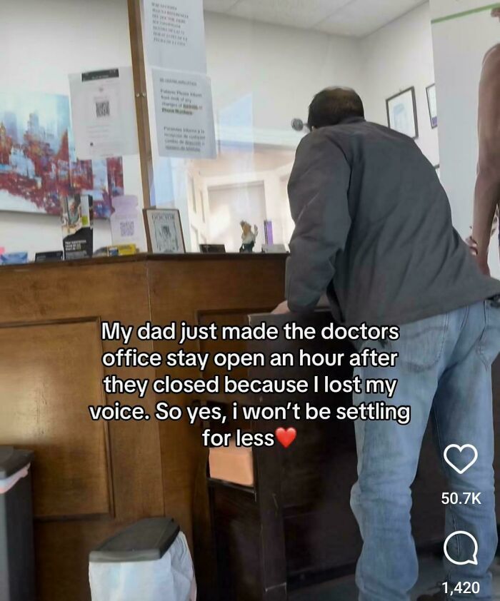 Man at a doctor's office counter, caption shaming lack of self-awareness, highlighting late stay after closing.