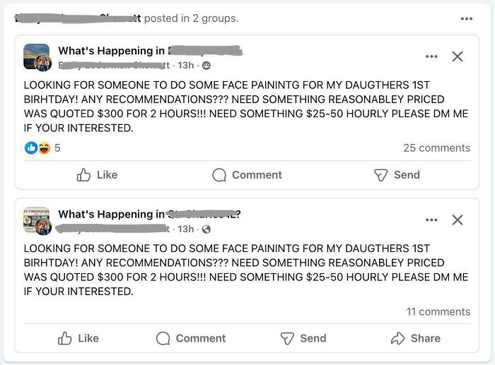 Social media post showing face painting request, highlighting lack of self-awareness.