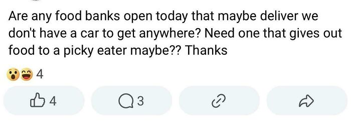 Text post about food banks, highlighting a lack of self-awareness with emojis and reactions.