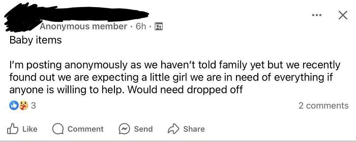 Anonymous post requesting baby items, lacking self-awareness, shared on social media.
