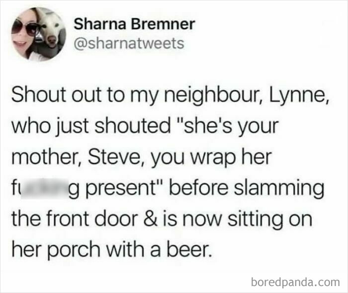 Tweet humorously highlighting the parenting struggles of neighbor Lynne.