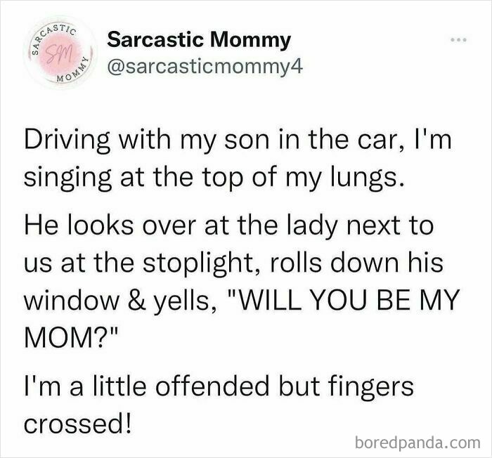 Funny parenting post about a child asking a stranger to be his mom at a stoplight.