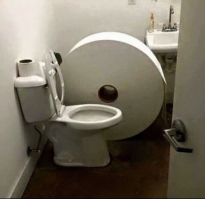 Toilet beside a giant toilet paper roll, showcasing humorous bathroom decor.