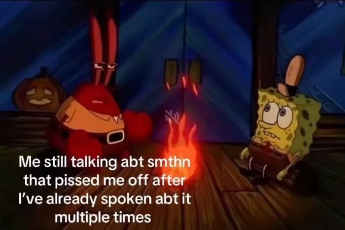 Cartoon characters sitting by a fire, with text about discussing irritating topics repeatedly. Relatable meme humor.