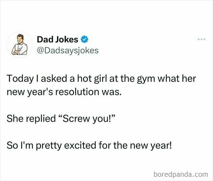 Dad jokes: A humorous gym resolution exchange on Dad Jokes IG account.