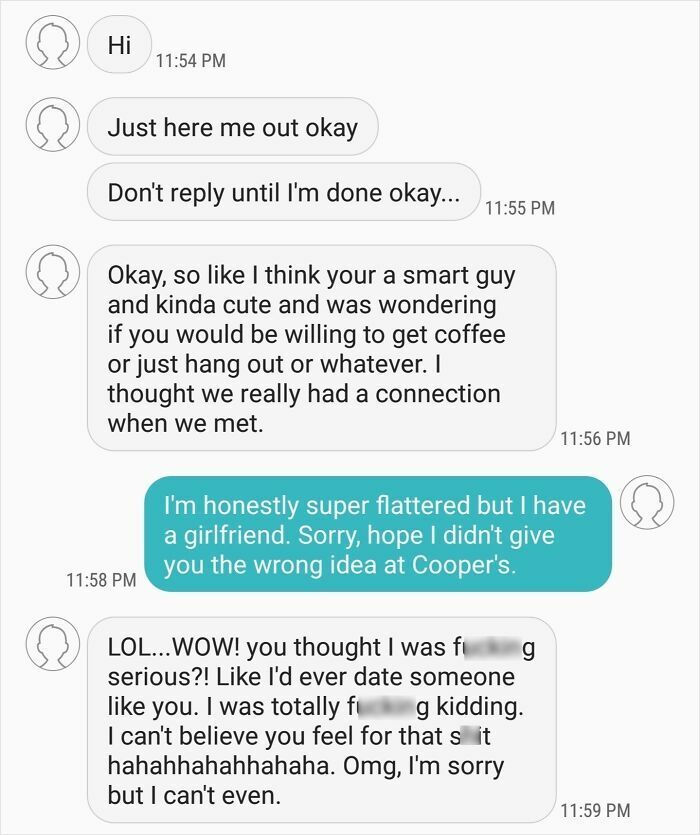 Text conversation illustrating cringe-worthy behavior involving a proposal and a defensive response.