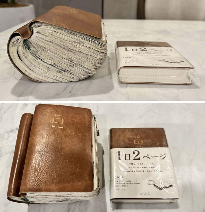 Worn journal transformed by time and use alongside a pristine new version on a marble table.