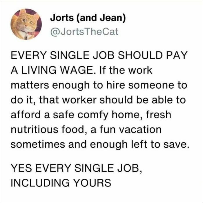 Text image from JortsTheCat promoting fair wages for every job, emphasizing the importance of a living wage in capitalism.