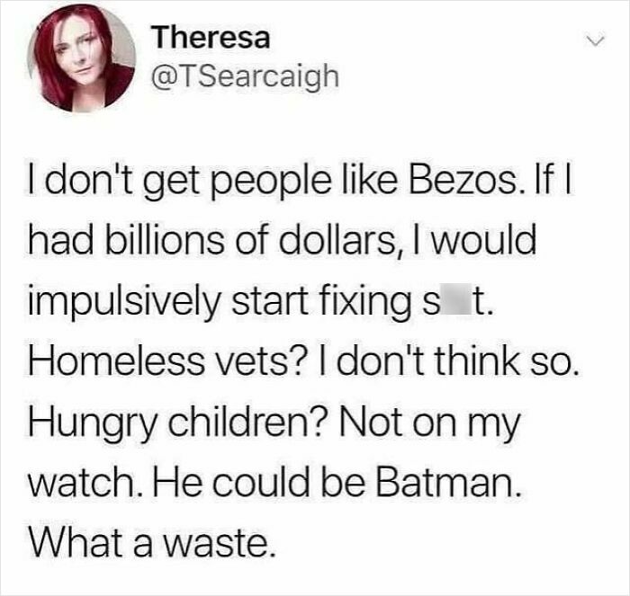 Tweet critiquing wealth distribution, mentioning Bezos and discussing capitalism struggles.