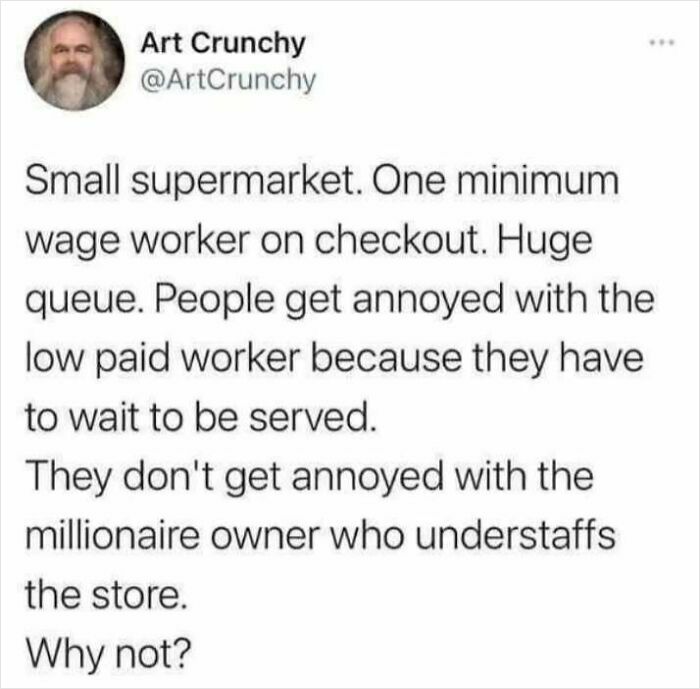 Text post on capitalist struggles, highlighting anger at low-paid worker over millionaire owner in a supermarket setting.