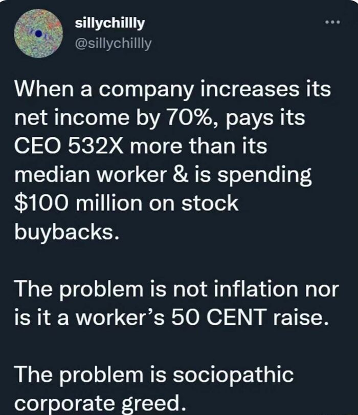 Text post criticizing capitalism, highlighting CEO pay disparity, stock buybacks, and corporate greed.