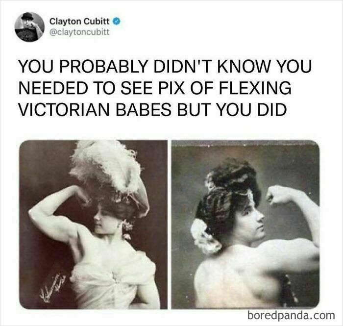 Victorian women flexing, captioned humorously for the Avocado Generation.