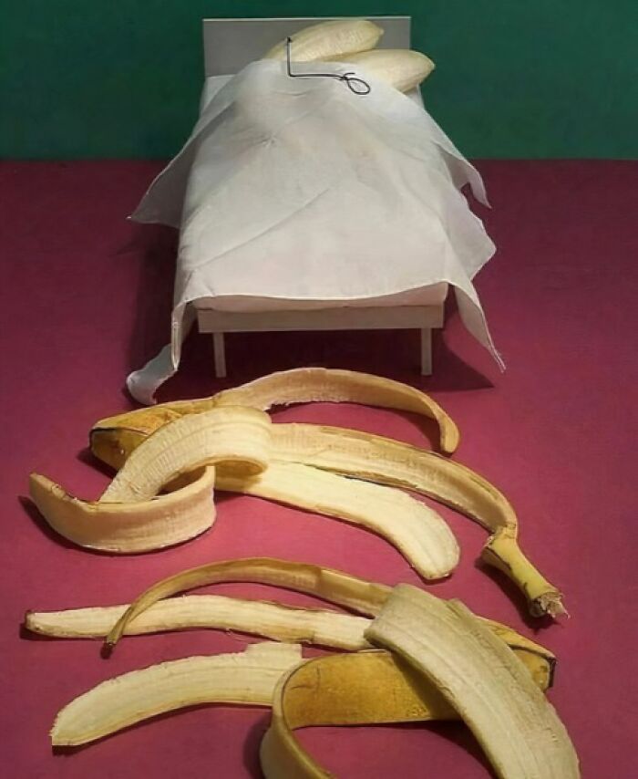 Bananas in bed with peel blankets, a funny random image from popular Instagram accounts.