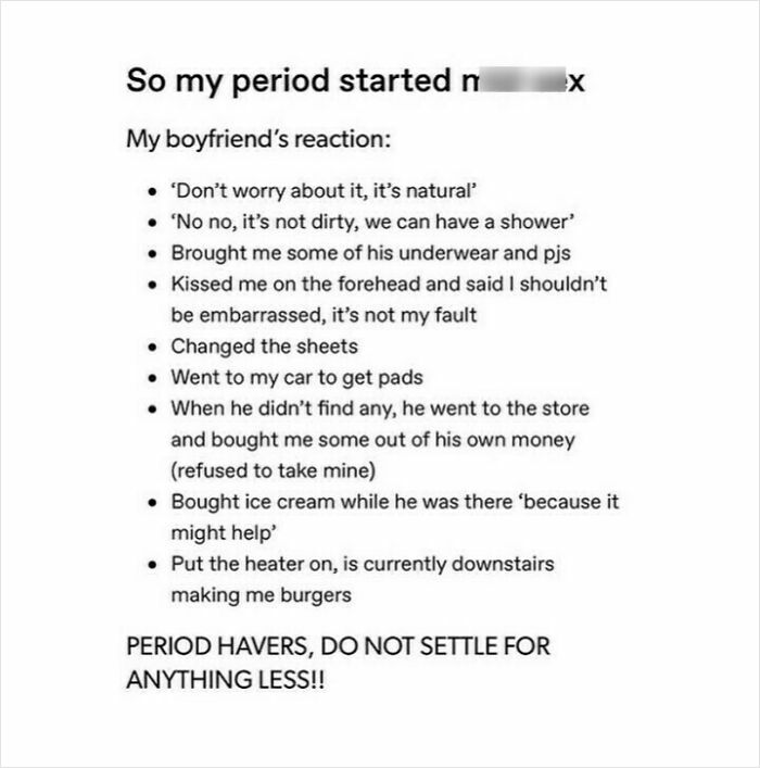 Period meme listing supportive boyfriend's reactions during her time of the month.