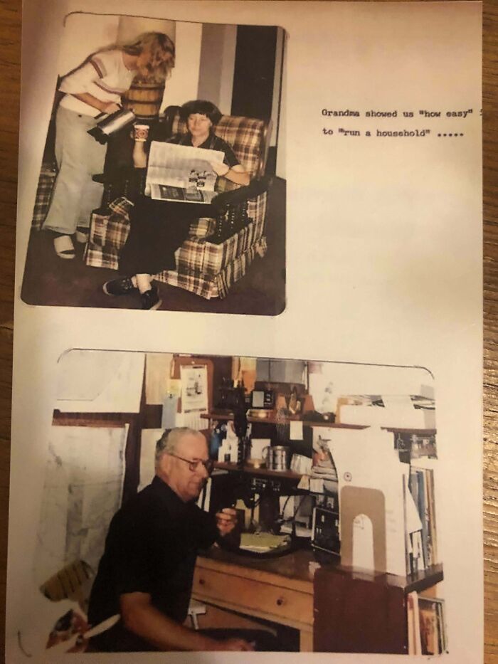 Old images showing a woman in a chair being served coffee and a man at a desk with a typewriter and papers.