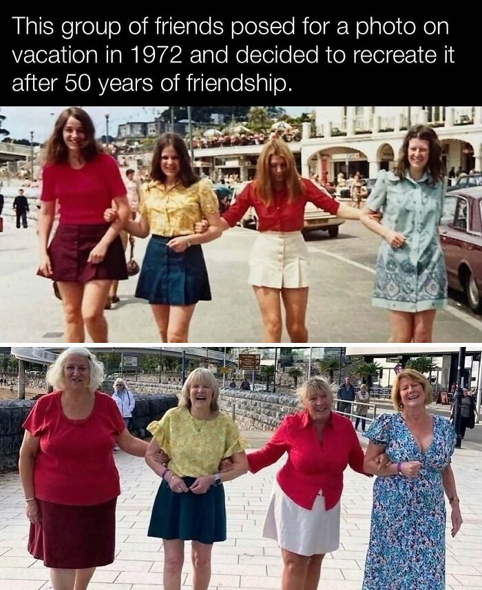 Four women recreate a 1972 vacation photo, celebrating 50 years of friendship.