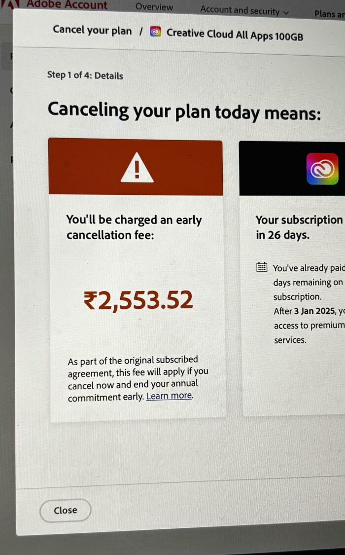 Online post showing Adobe early cancellation fee of ₹2,553.52 for plan termination.