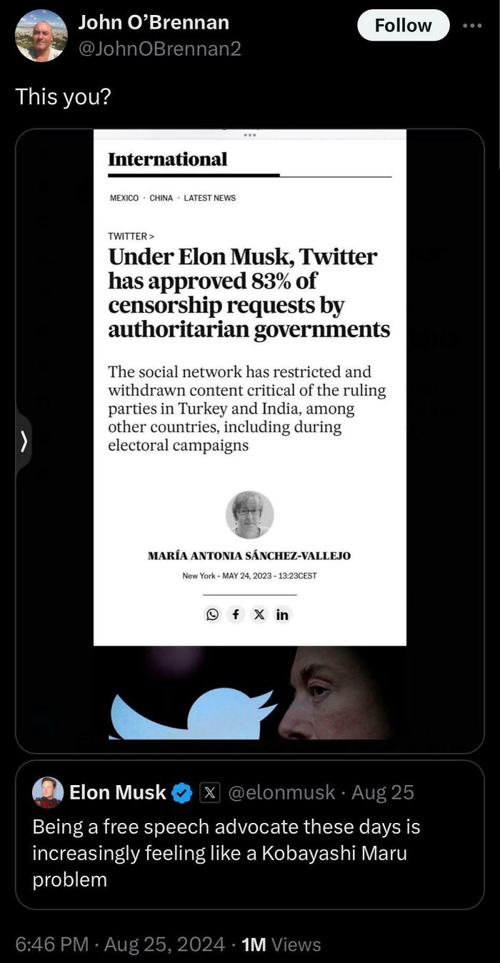 "Example of a 'This You?' comeback featuring a headline about Twitter under Elon Musk and a tweet on free speech."