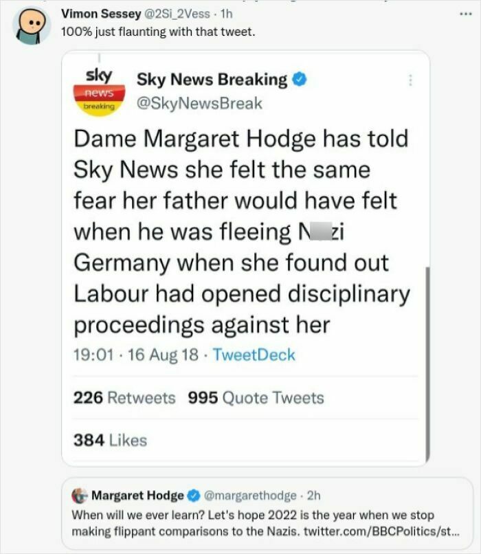 Tweet showing a "This You?" comeback with Margaret Hodge commenting on N**i comparisons.