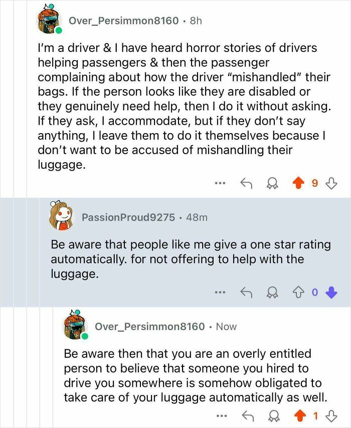 Reddit exchange highlighting a lack of self-awareness, discussing driver and passenger interactions over luggage handling.