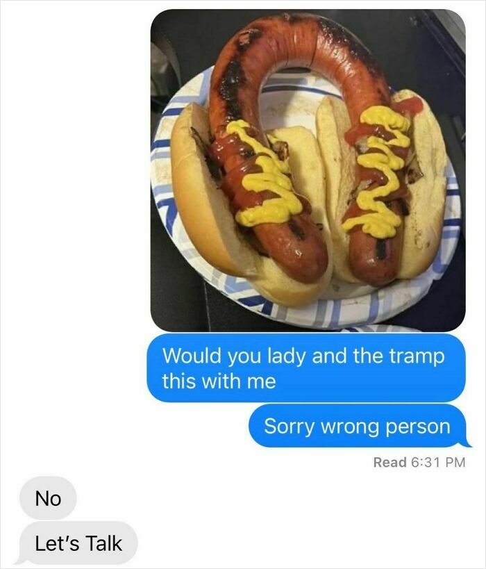 Text conversation accompanied by a humorous image of two sausages shared as a random meme.