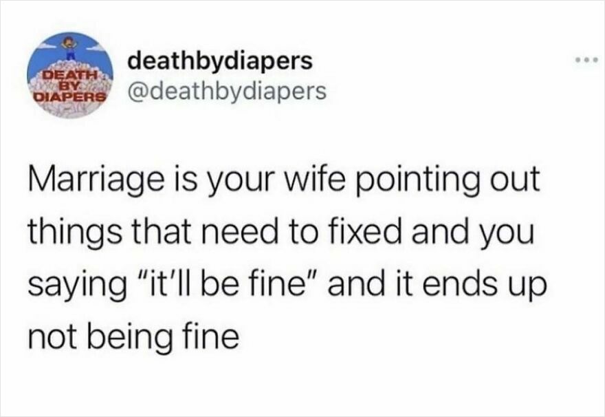 Humorous meme about marriage and parenting challenges from deathbydiapers account.