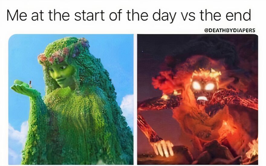 Parenthood meme showing calm green character and fiery character, illustrating the day's start and end.