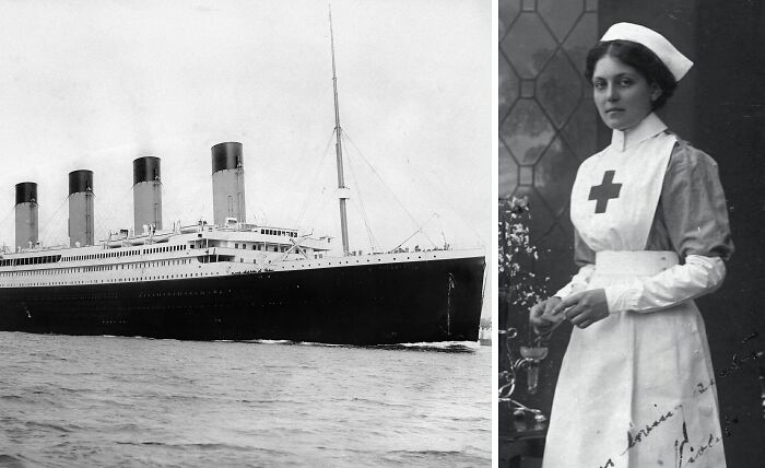 A historical coincidence: a large ship on the ocean and a nurse in uniform, evoking an eerie sense of history.