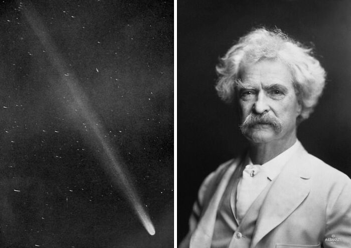 A historical coincidence featuring a comet and a distinguished man with white hair and suit.