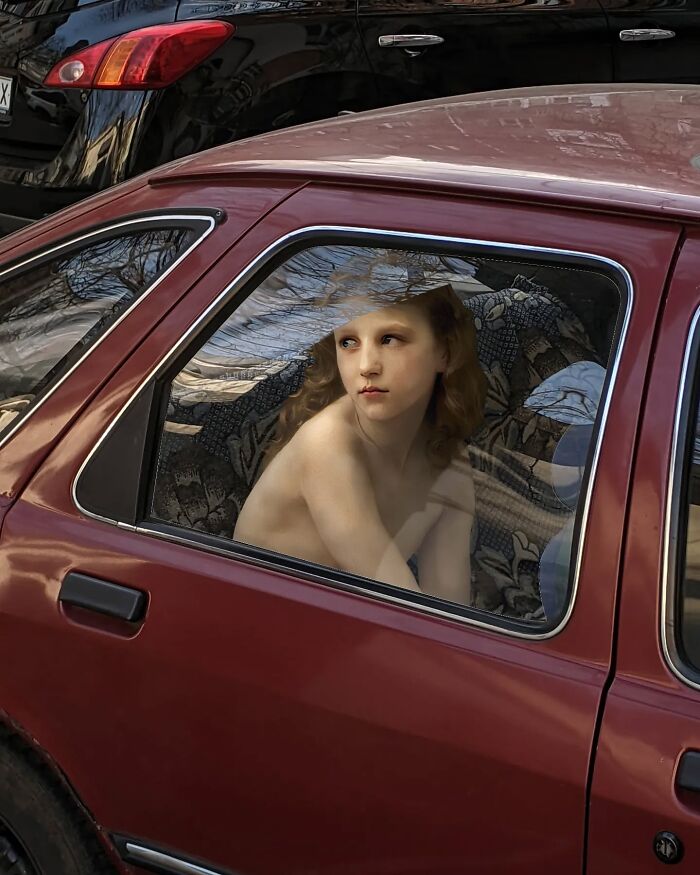 Classical figure artfully blended into a car scene, showcasing a captivating modern environment by Alexey Kondakov.