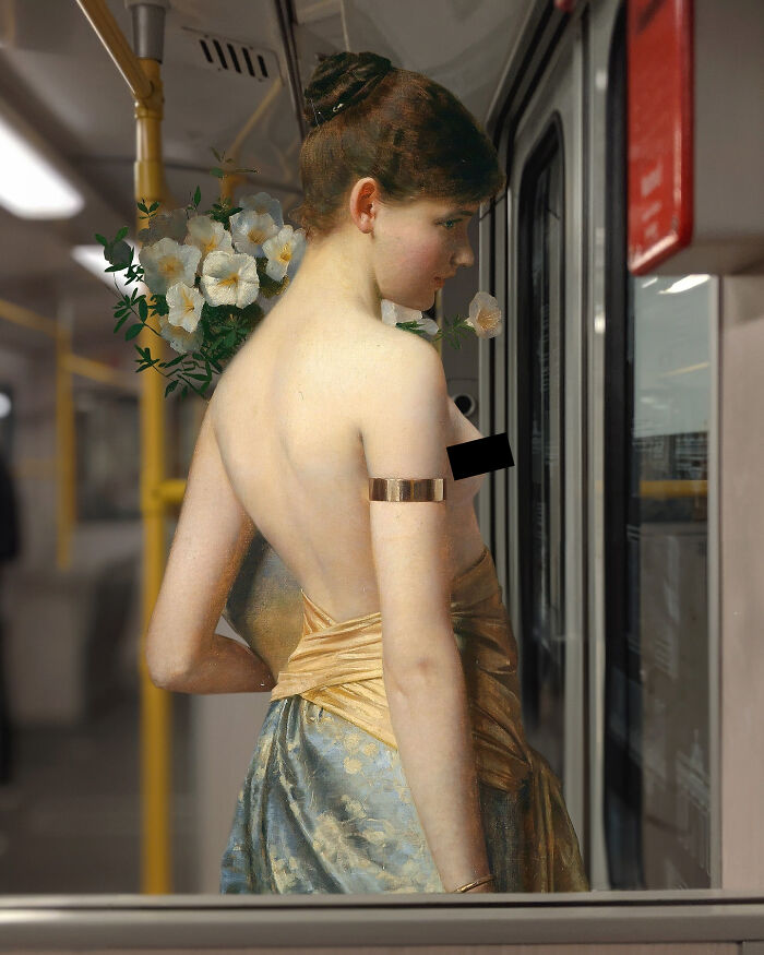 Classical figure by Alexey Kondakov in a modern subway setting, wearing a gold and blue gown, holding flowers.