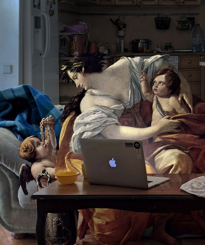 Classical figures lounging in a modern kitchen, interacting with a laptop, by Alexey Kondakov.