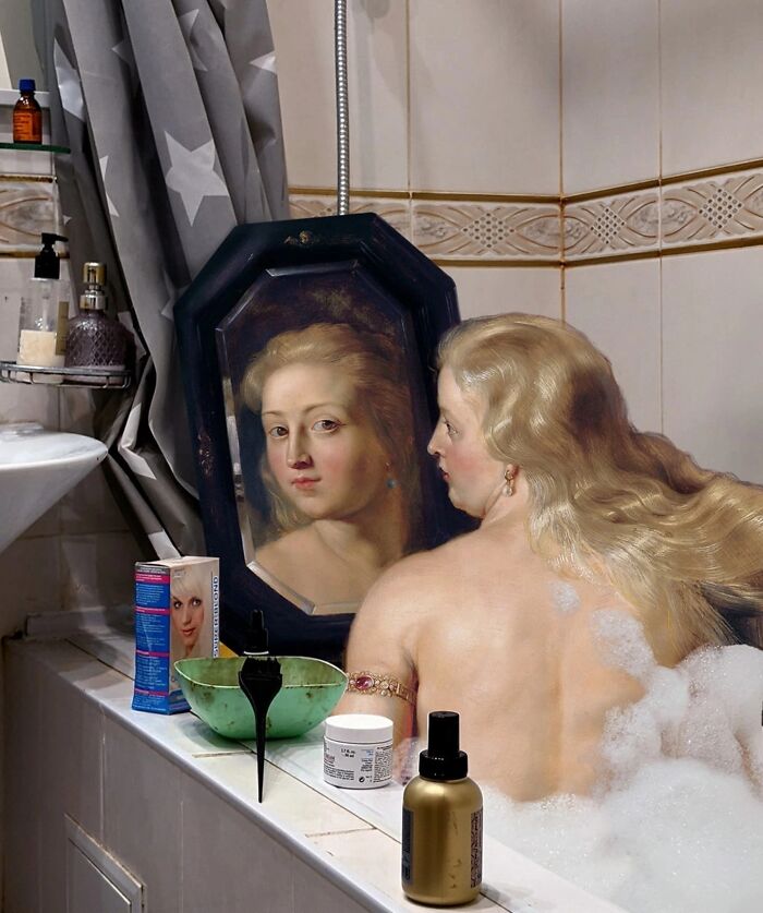 Classical figure in a modern bathroom setting, reflecting in a mirror with contemporary toiletries around.