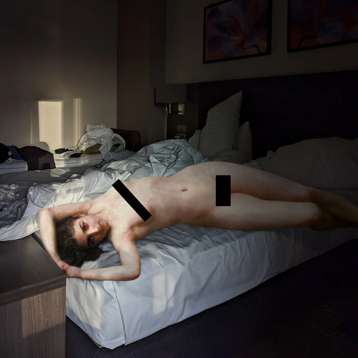 Classical figure in a modern bedroom, blending art with contemporary surroundings.