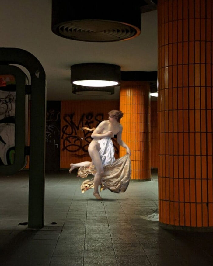 Classical figure in modern subway, blending art styles for a captivating effect.