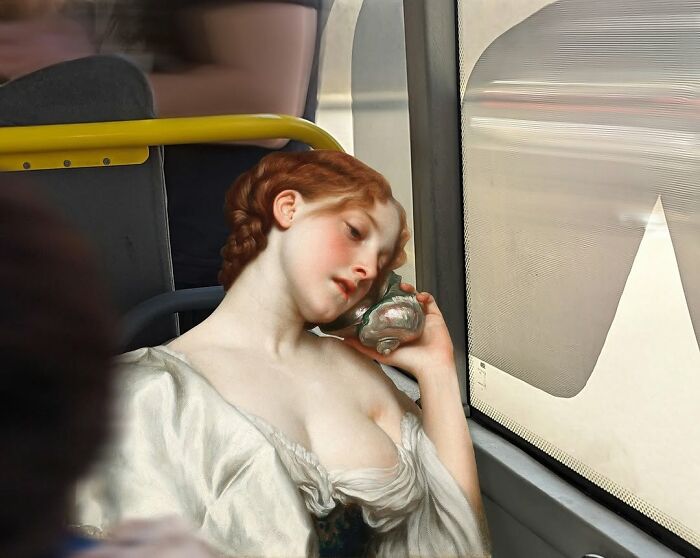 Classical figure with a shell in a modern bus setting by Alexey Kondakov.