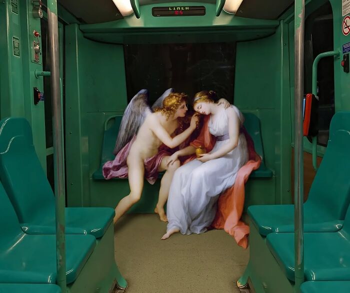 Classical figures in a modern subway setting by Alexey Kondakov, featuring angels in vibrant robes on green seats.