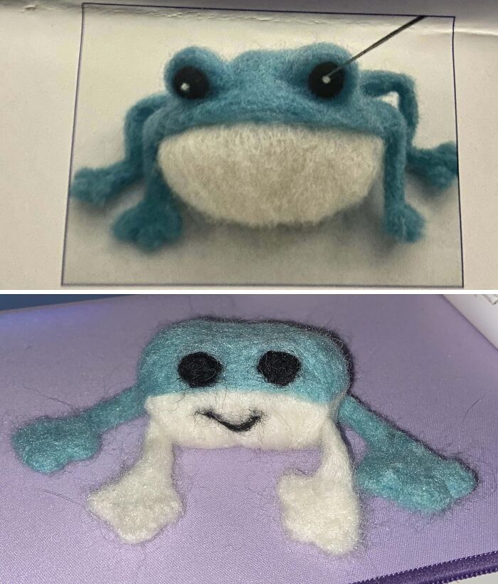Craft attempt of a felt frog gone wrong, showcasing a humorous failure in a DIY project.
