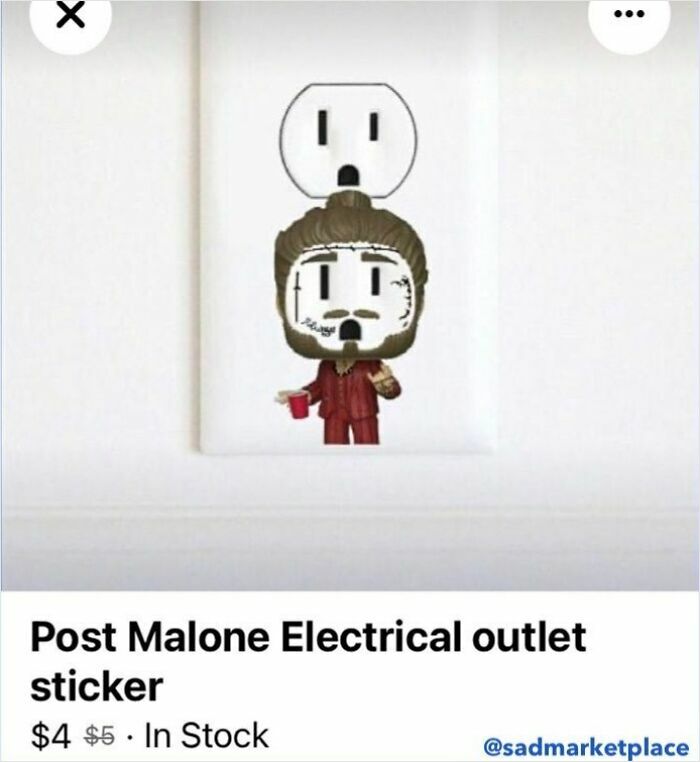 Sticker of a pop culture figure on electrical outlet, seen in random Facebook Marketplace listings.