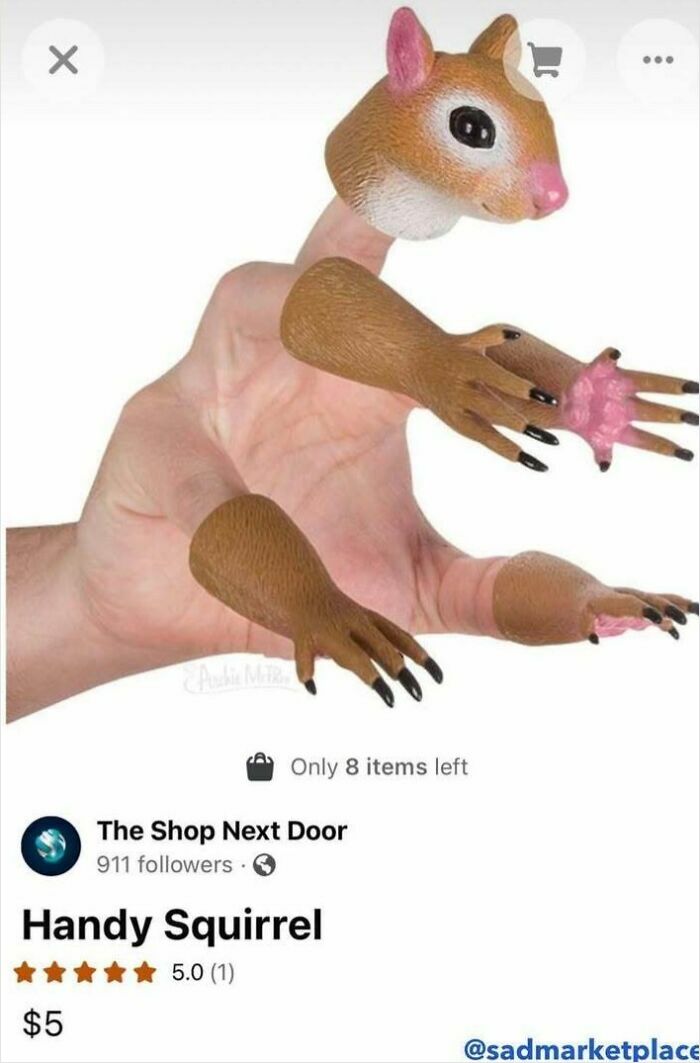 Bizarre Facebook Marketplace listing featuring a "handy squirrel" puppet glove for $5.