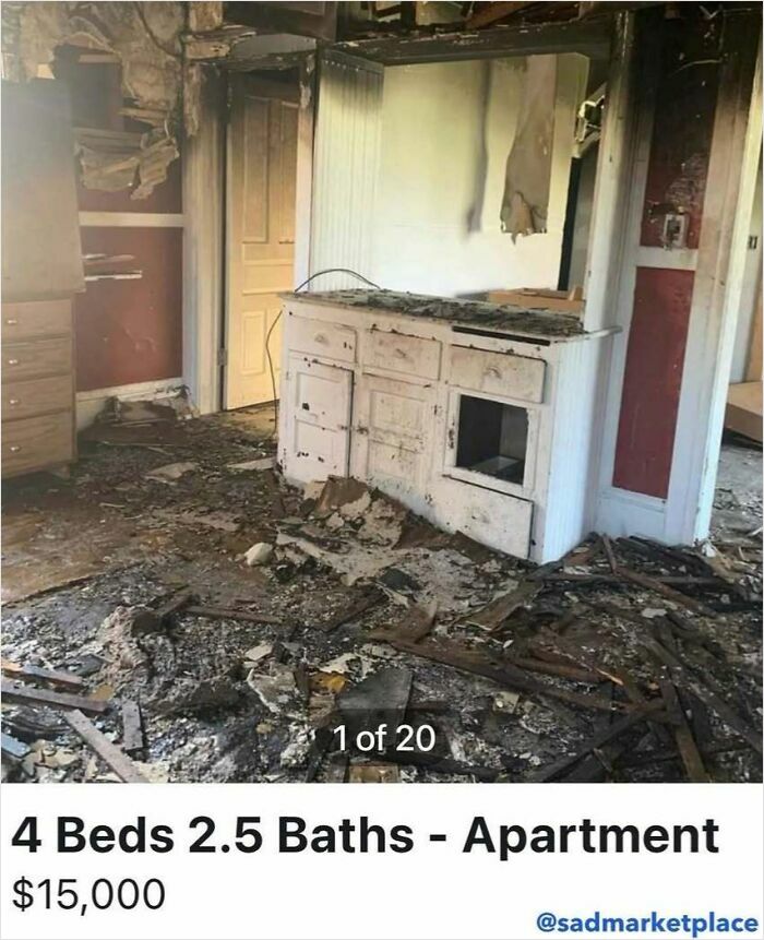 Dilapidated apartment listing on Facebook Marketplace, showing damaged interior and debris scattered on the floor.