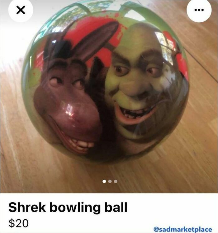 Shrek-themed bowling ball for sale on Facebook Marketplace.