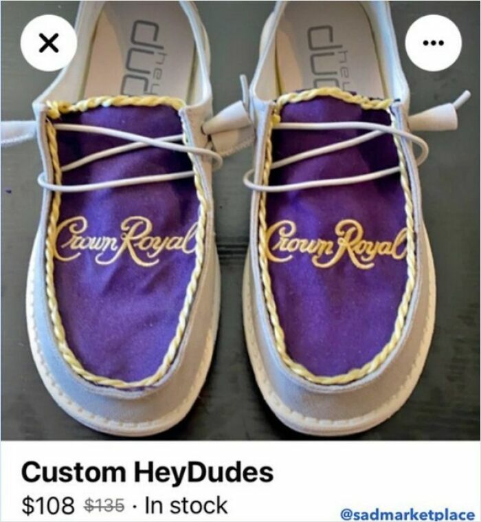 Custom HeyDudes with Crown Royal design listed on Facebook Marketplace.