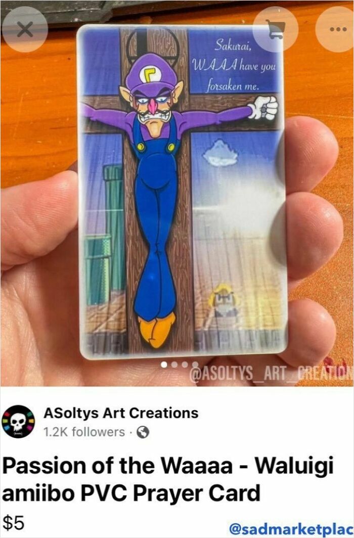 Random Facebook Marketplace listing featuring a unique Waluigi PVC prayer card held in a hand.