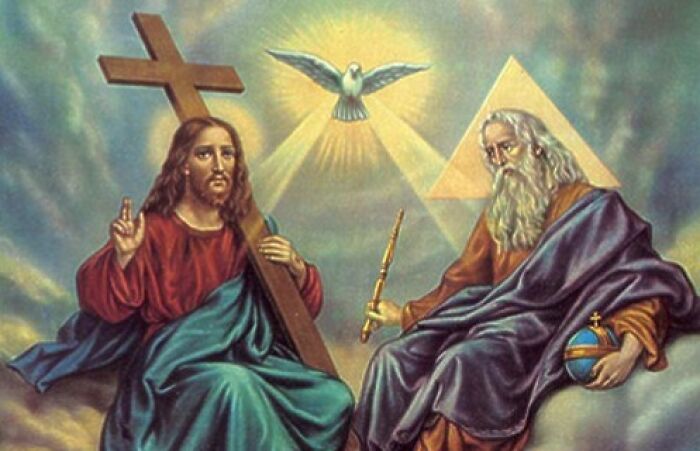 Christian depiction of the Holy Trinity featuring three gods with cross, dove, and orb symbolizing the triple threat deities concept.