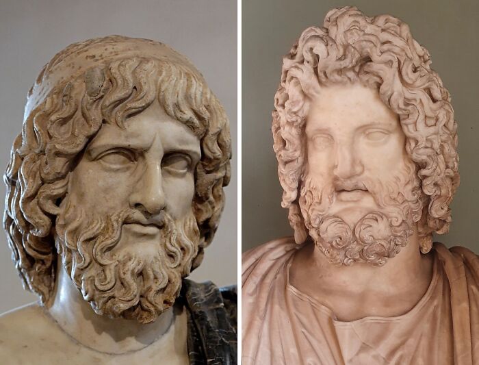 Marble busts of two ancient gods with curly hair and beards, representing triple threat deities in mythology.
