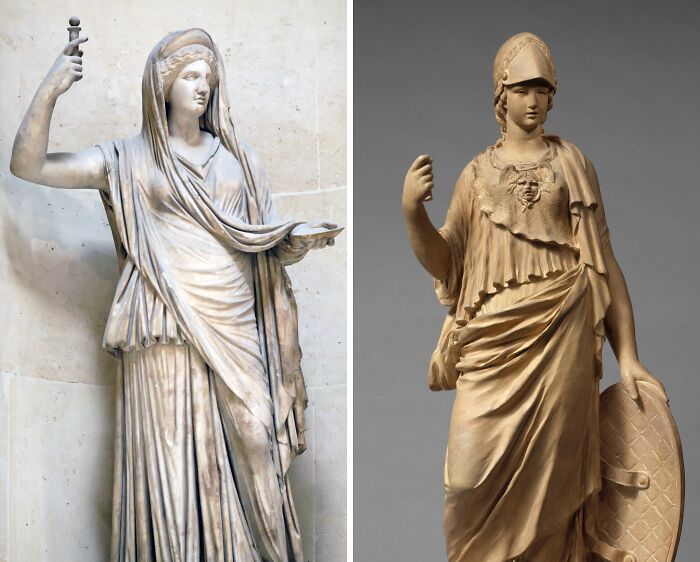 Marble statues of ancient goddesses representing triple threat deities in classical mythology from different cultures.
