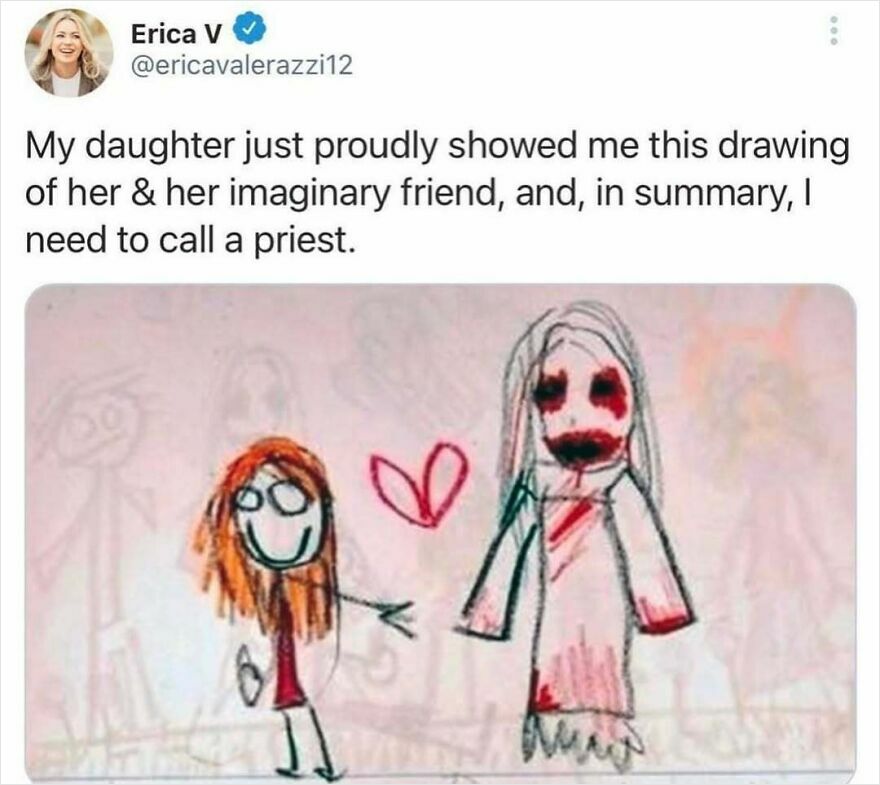 Child's drawing of her with an eerie imaginary friend, illustrating parenthood's madness and humor.